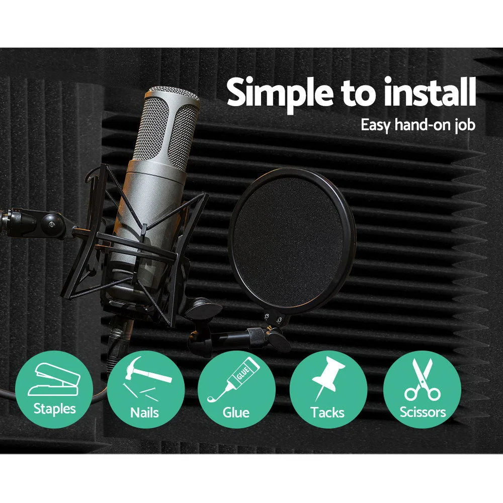 Black 30x30cm acoustic foam panel set with black foam wedges stacked for wall corners