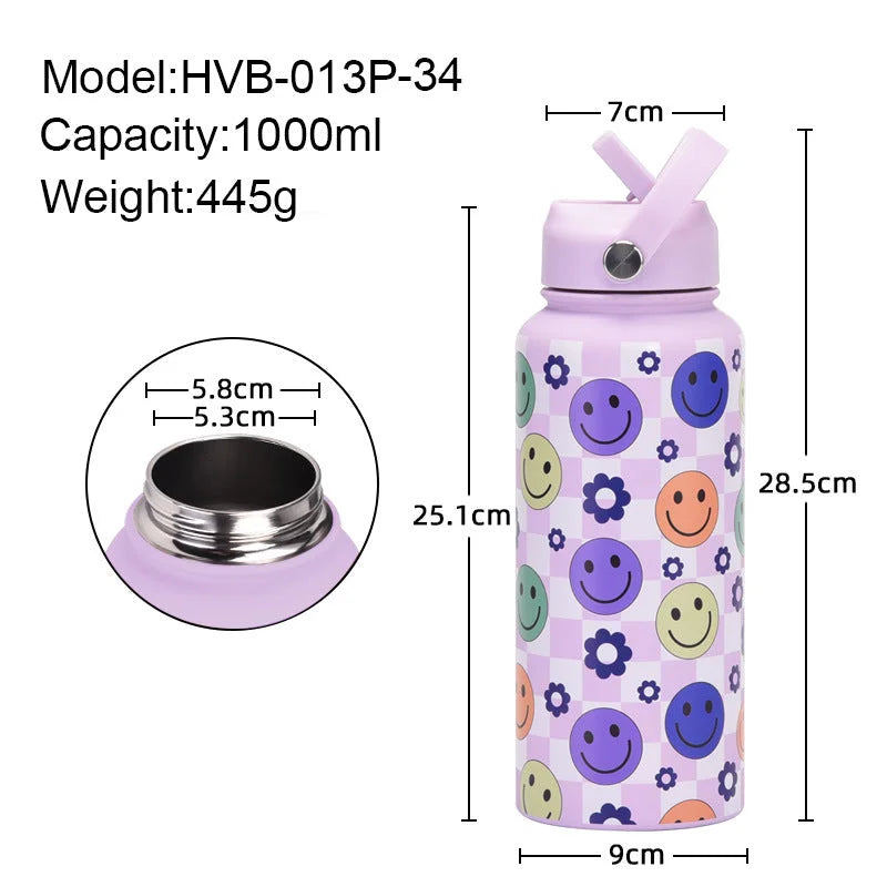 Style 9B Black Vibrant Fun Print 1L Stainless Steel Insulated Water Bottle
