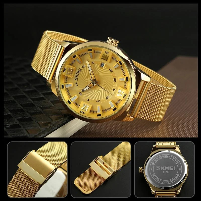 Stylish 30m Waterproof Metal Quartz Men Watch - Gold