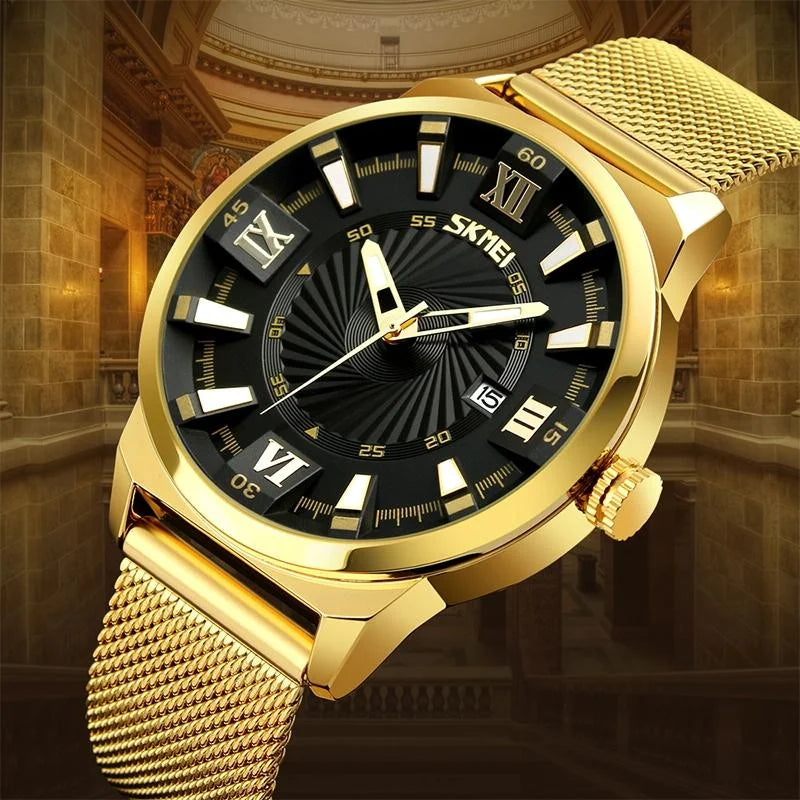 Stylish 30m Waterproof Metal Quartz Men Watch - Gold