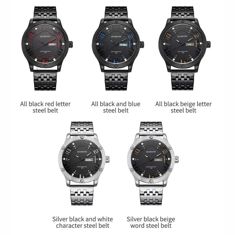 Stylish Day-date Men Quartz Watch with Steel Strap - Black