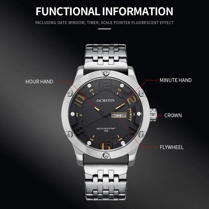 Stylish Day-date Men Quartz Watch with Steel Strap - Black
