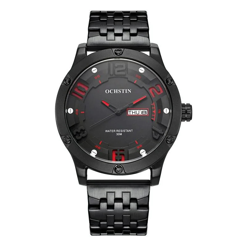 Stylish Day-date Men Quartz Watch with Steel Strap - Black