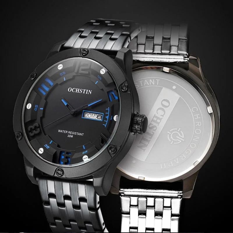 Stylish Day-date Men Quartz Watch with Steel Strap - Black