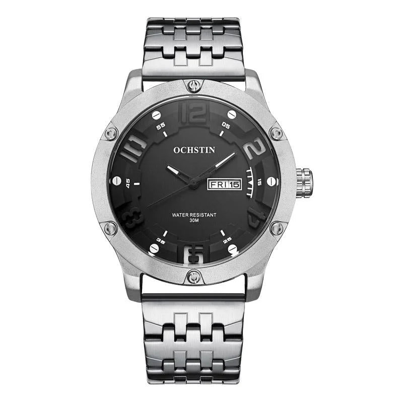 Stylish Day-date Men Quartz Watch with Steel Strap - Black