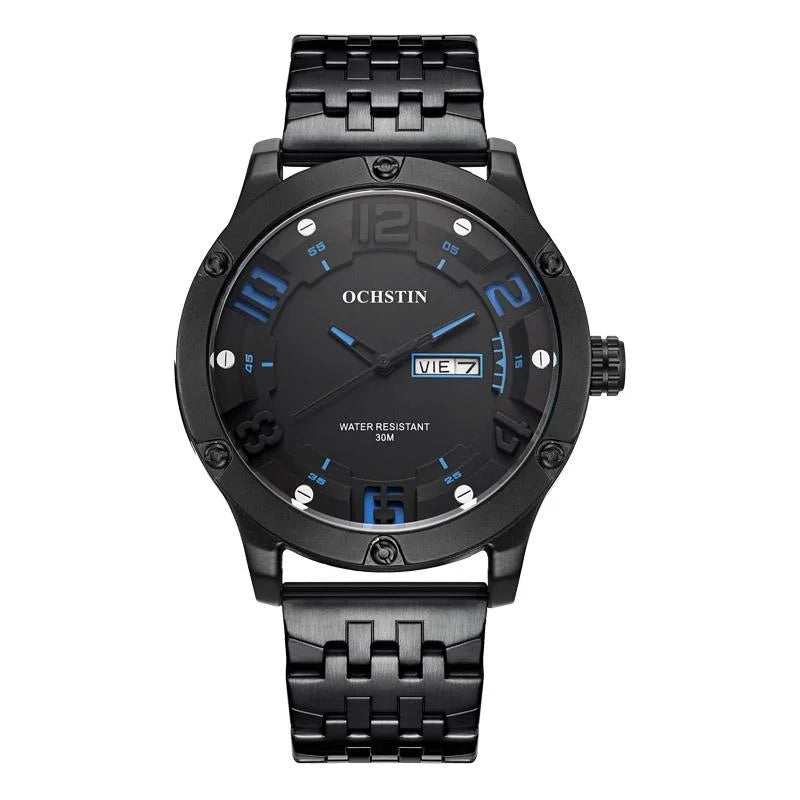 Stylish Day-date Men Quartz Watch with Steel Strap - Black