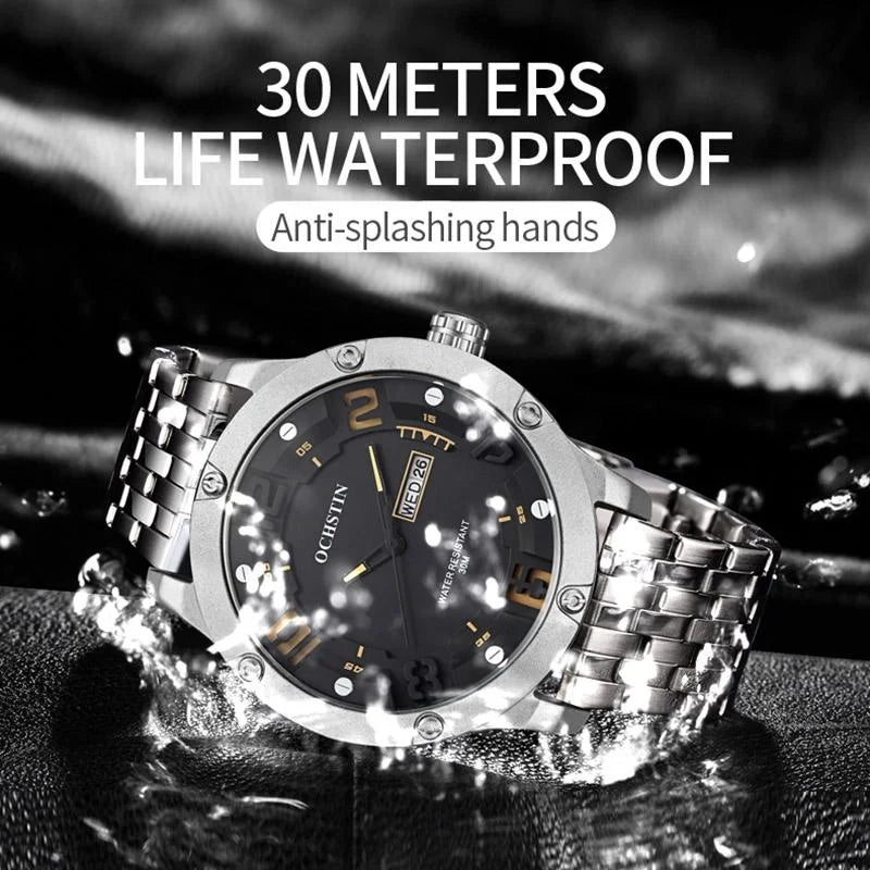 Stylish Day-date Men Quartz Watch with Steel Strap - Black