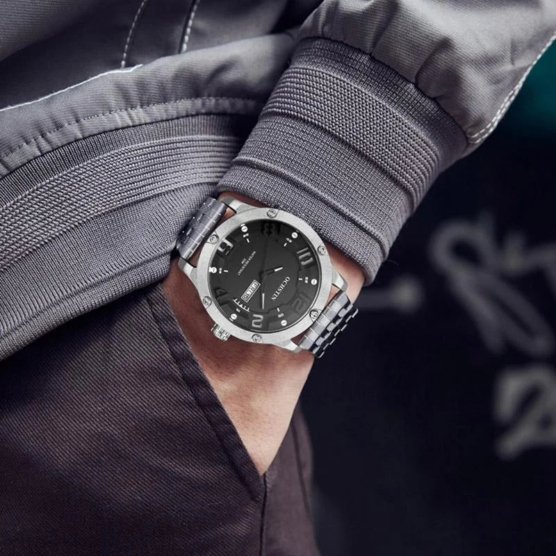 Stylish Day-date Men Quartz Watch with Steel Strap - Silver