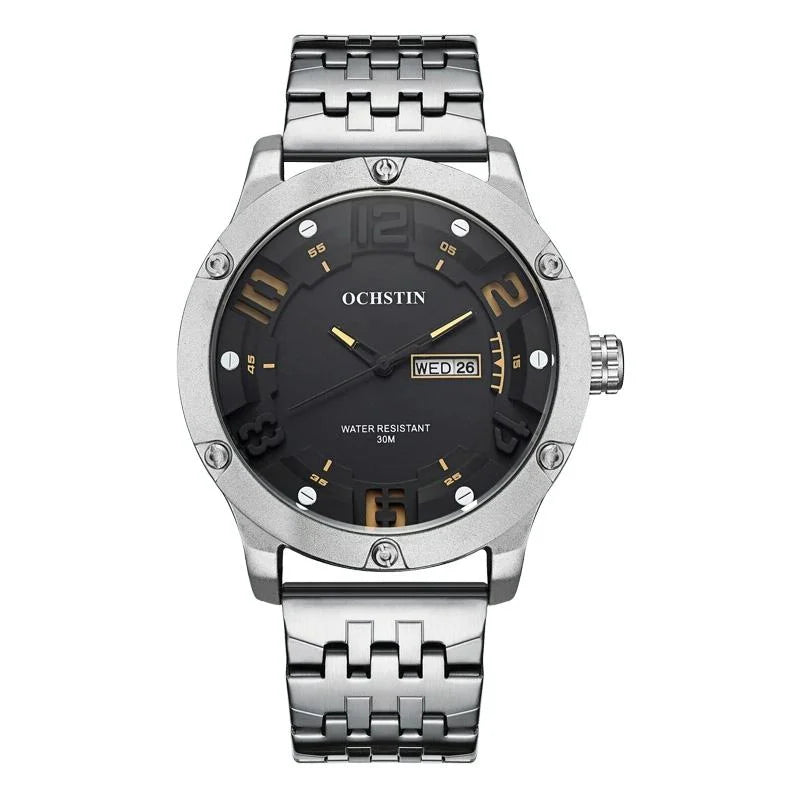 Stylish Day-date Men Quartz Watch with Steel Strap - Silver