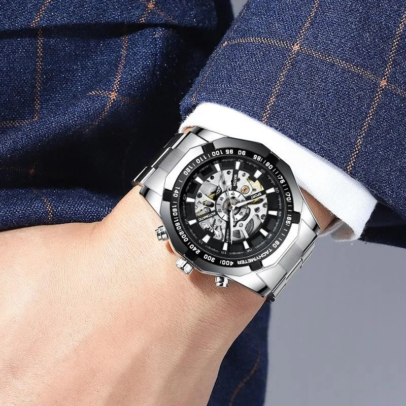 Stylish Men Automatic Mechanical Watch with Steel Band
