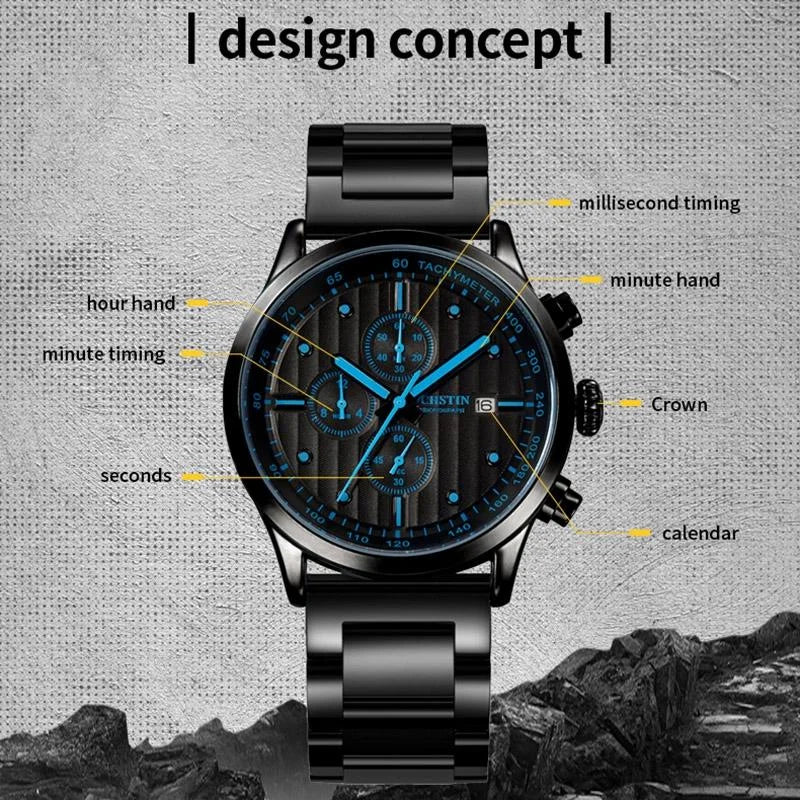 Stylish Multifunctional Men Quartz Watch with Steel Strap