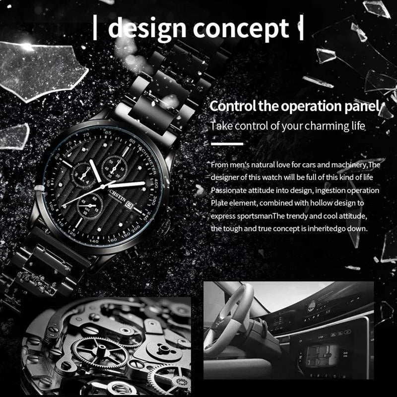 Stylish Multifunctional Men Quartz Watch with Steel Strap