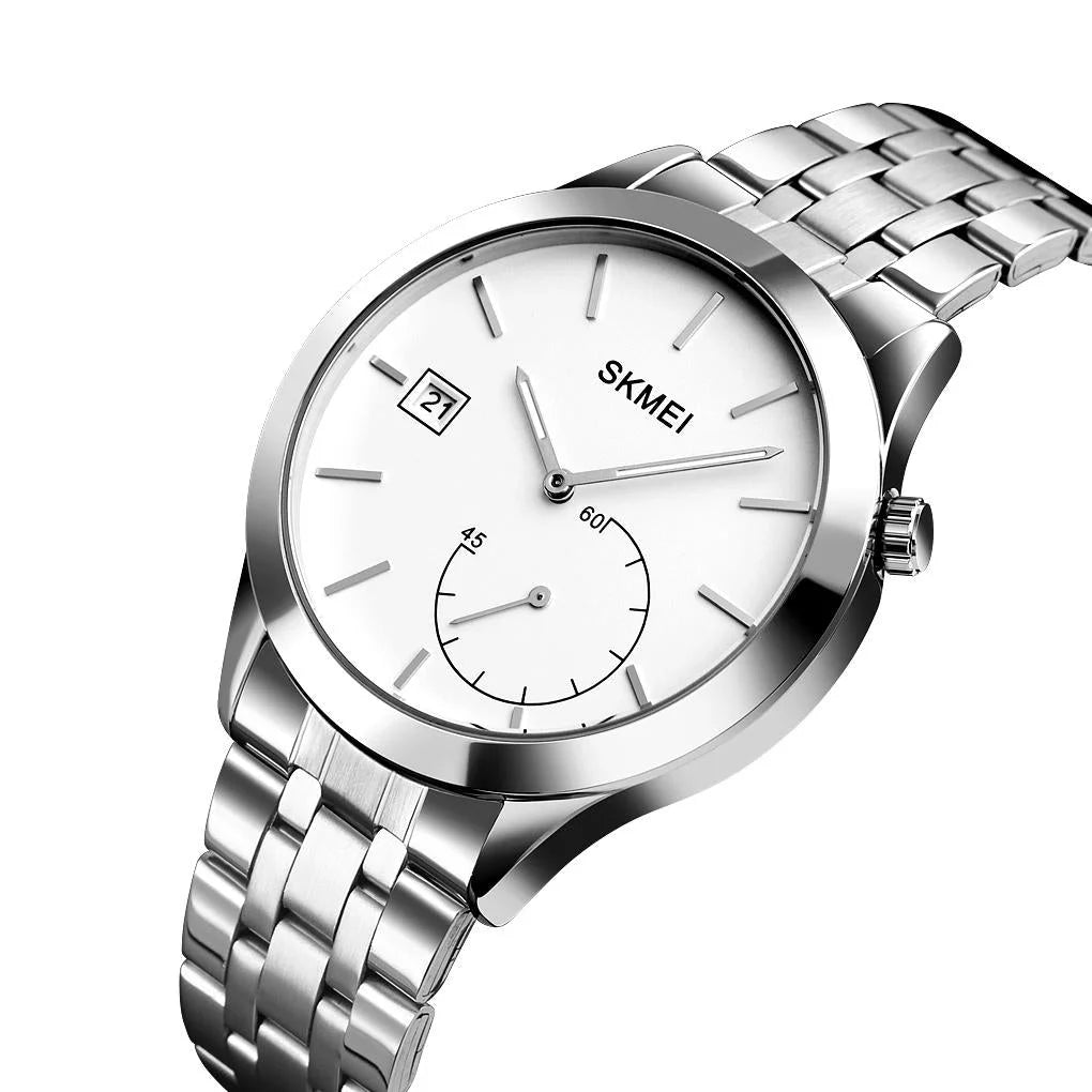 Stylish Waterproof Men Quartz Watch with Silver Steel Band