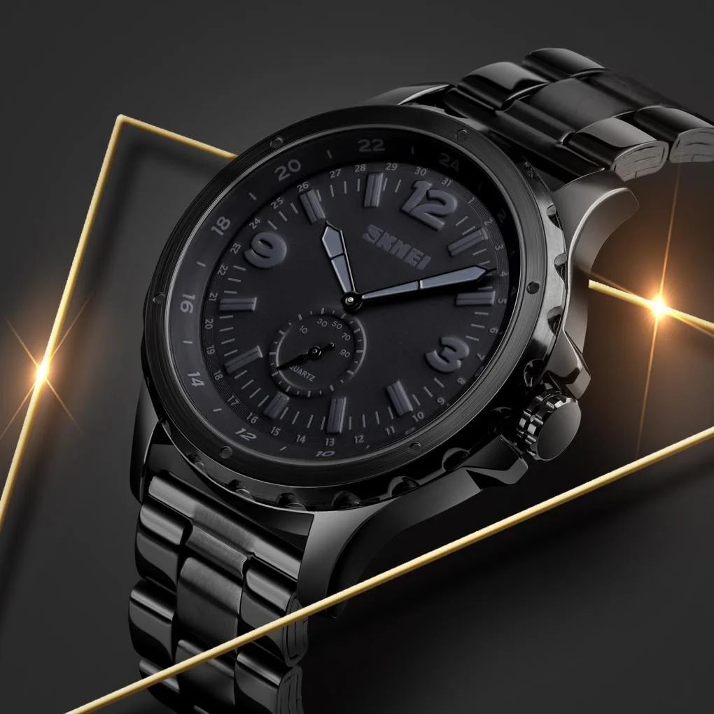 Stylish Waterproof Men Quartz Watch with Steel Band - Black