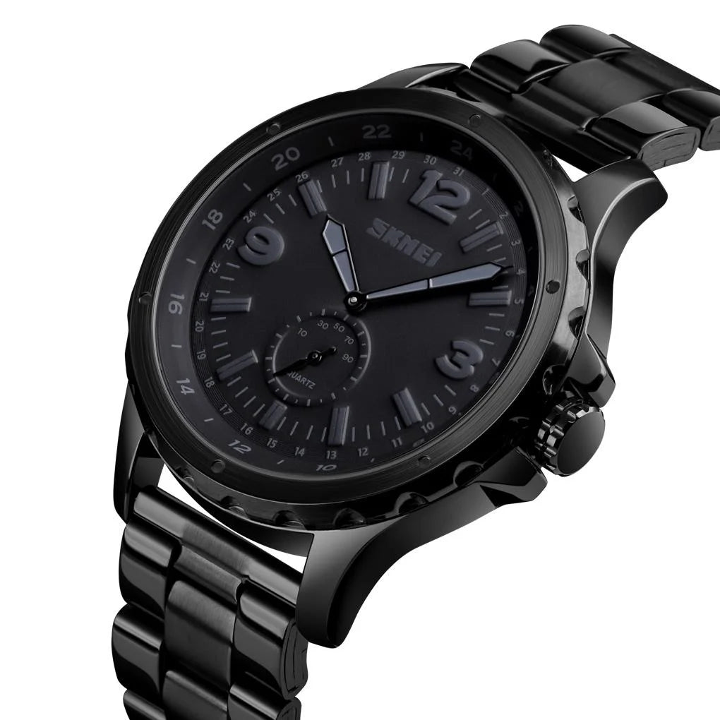 Stylish Waterproof Men Quartz Watch with Steel Band - Black