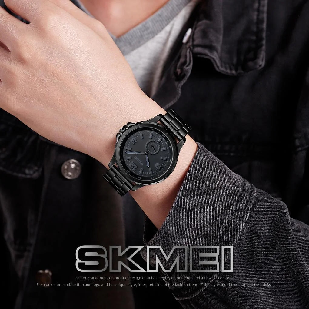 Stylish Waterproof Men Quartz Watch with Steel Band - Black