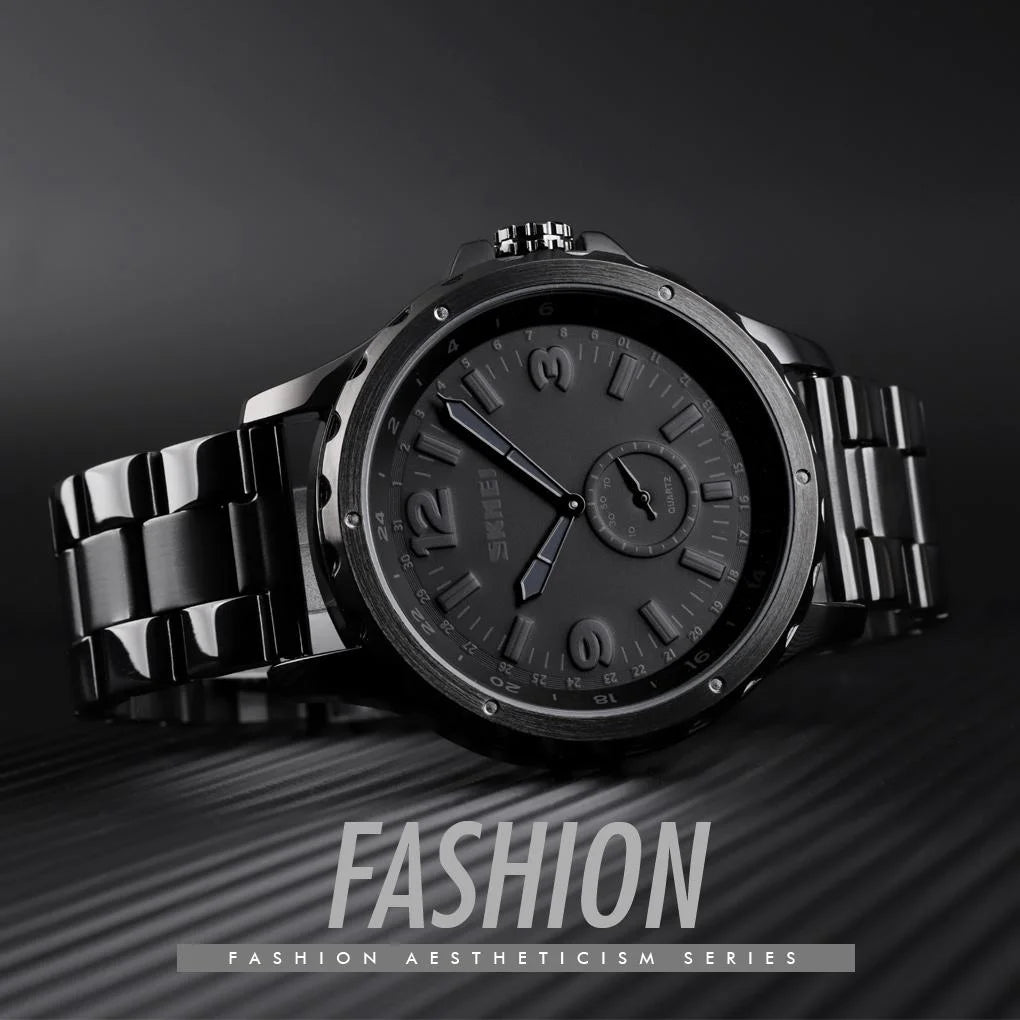 Stylish Waterproof Men Quartz Watch with Steel Band - Black