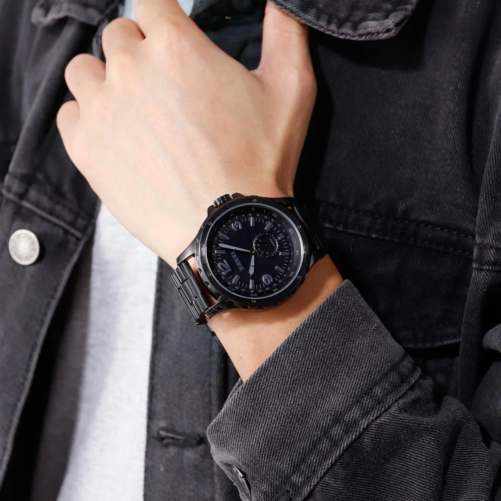 Stylish Waterproof Men Quartz Watch with Steel Band - Black