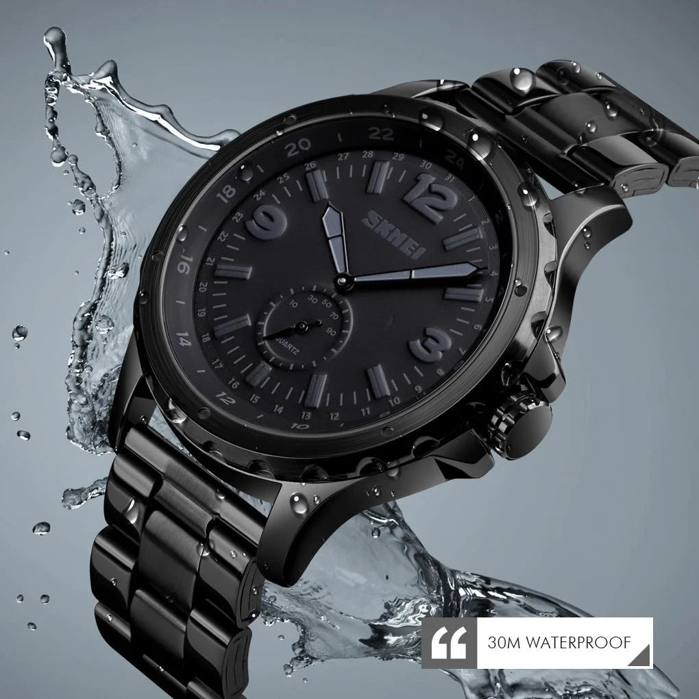 Stylish Waterproof Men Quartz Watch with Steel Band - Black