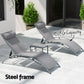 Grey steel outdoor sun lounge with timber beach chair and wide armrests