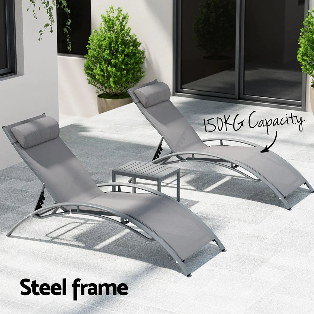 Grey steel outdoor sun lounge with timber beach chair and wide armrests