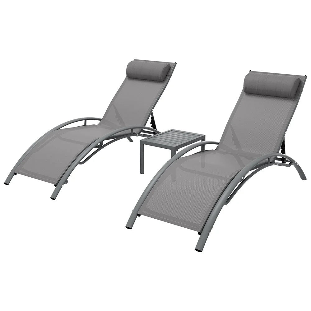 Grey steel outdoor sun lounge with caster wheels and side handle rail