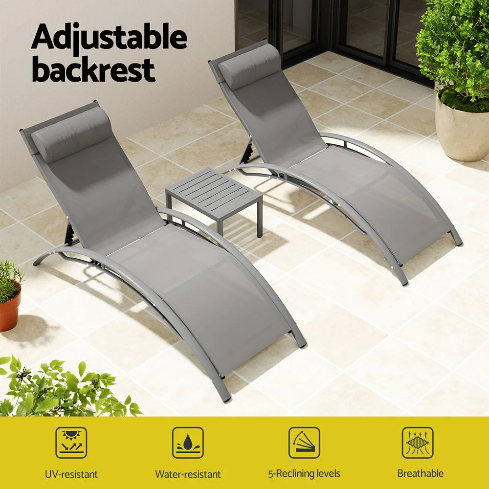 Grey steel outdoor sun lounge with patio sun chair and matching low table