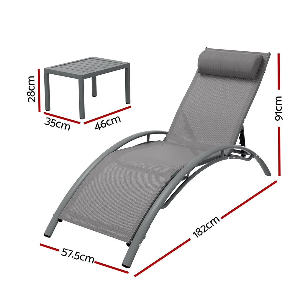 Grey steel outdoor sun lounge with reclining wooden chair and small side table
