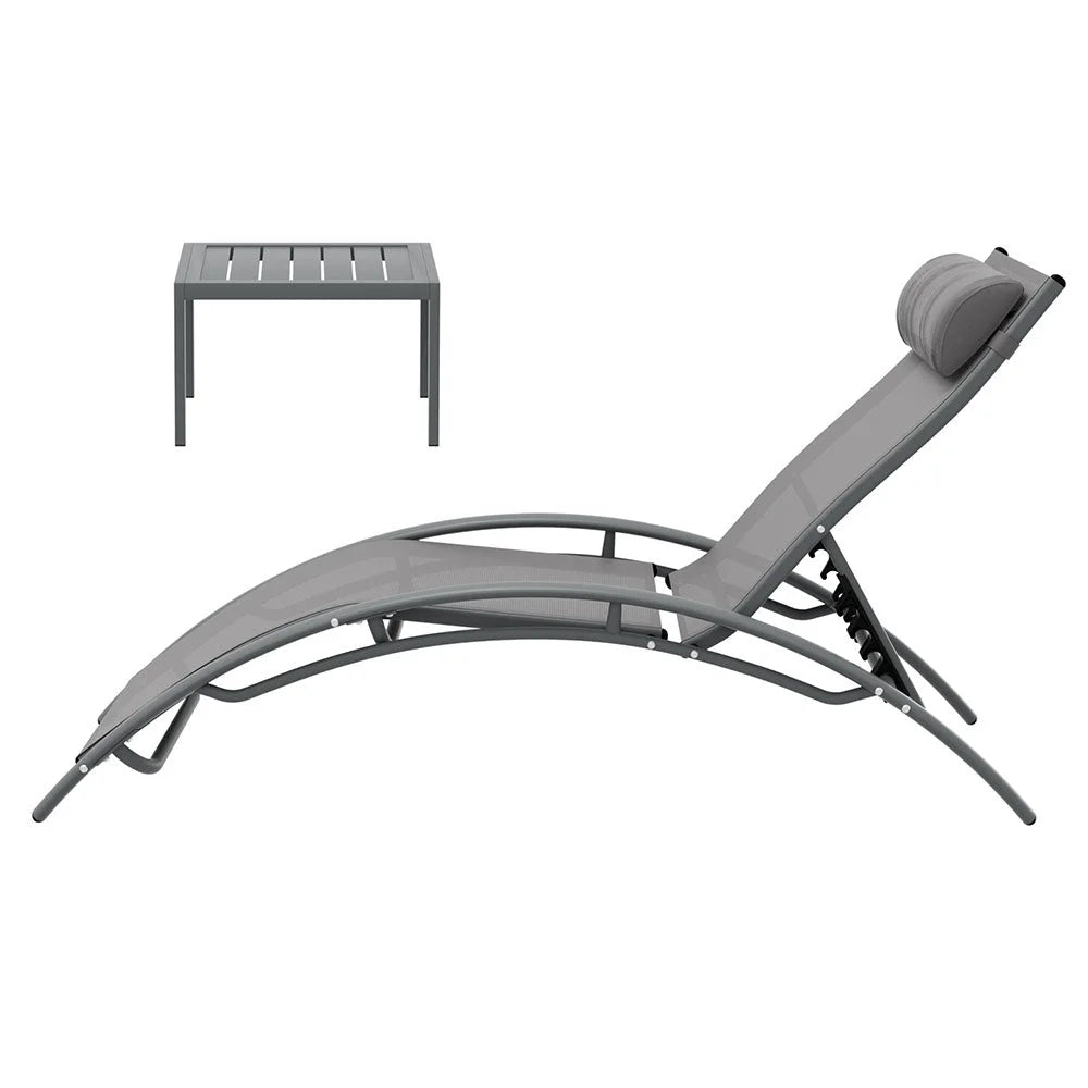 Grey steel outdoor sun lounge with outdoor lounger frame and angled backrest