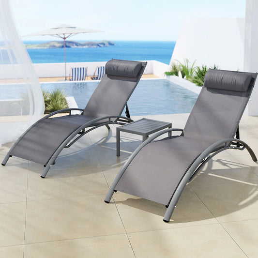 Grey steel outdoor sun lounge with Adirondack lounge chair and slatted seat