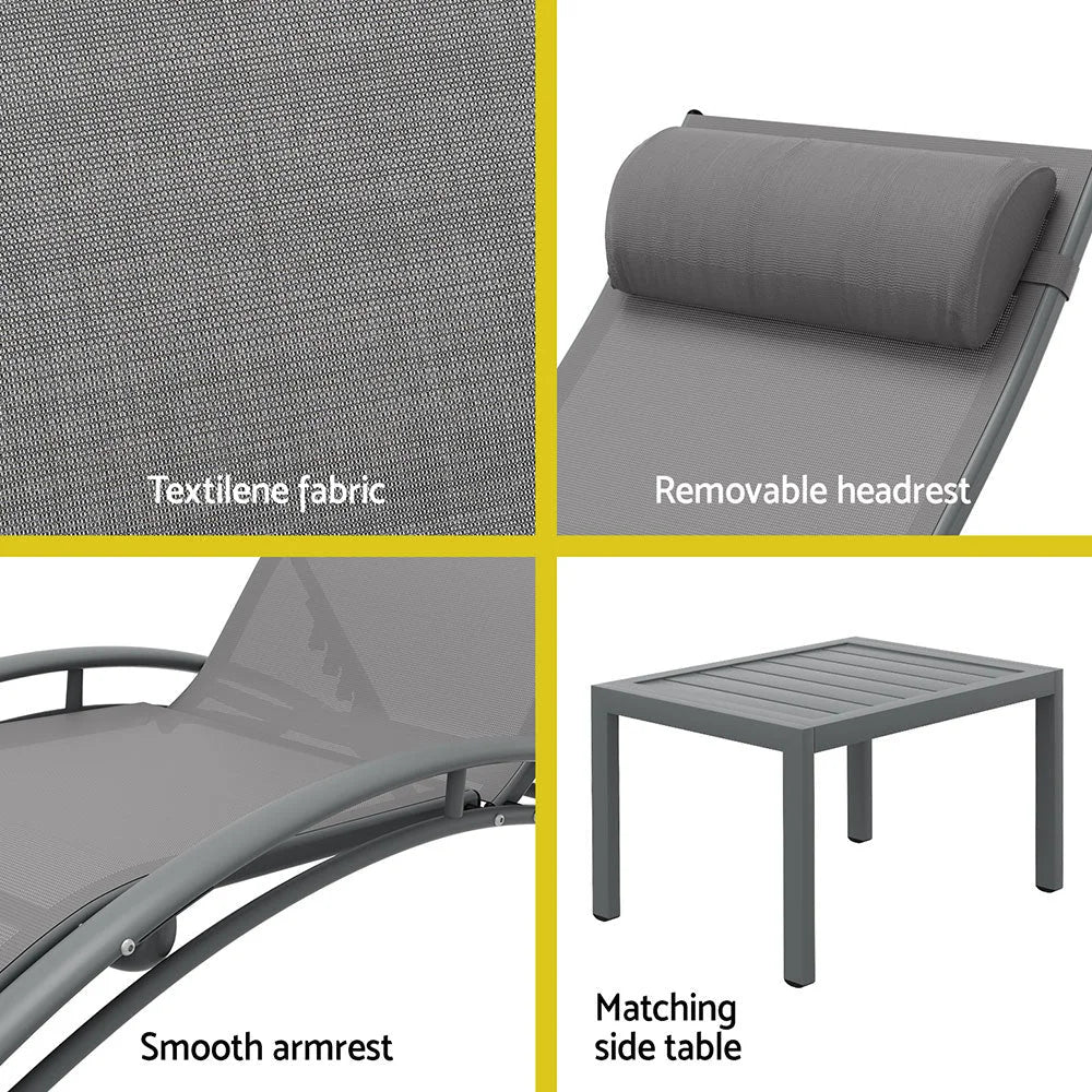 Grey steel outdoor sun lounge with folding lounger seat and slatted footrest