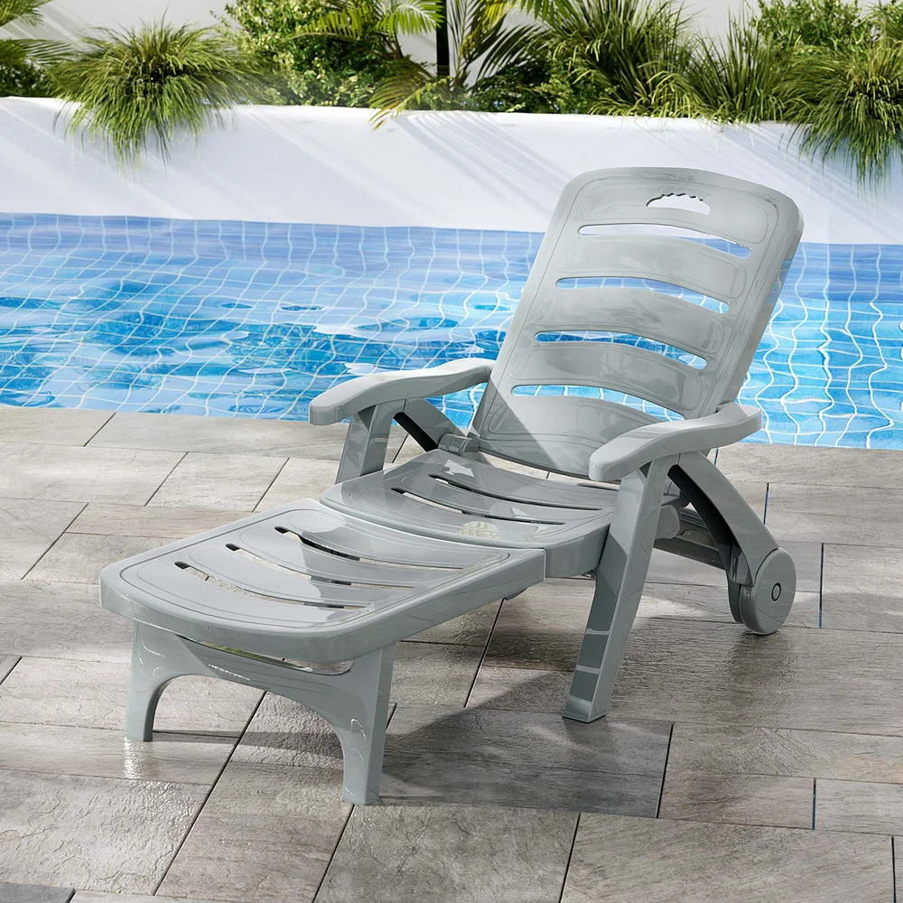 Sun Lounger Folding Lounge Chair with Wheels for Patio