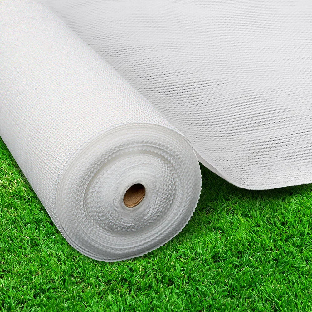 White mesh 66x30m shade sail with fabric panel and reinforced edging