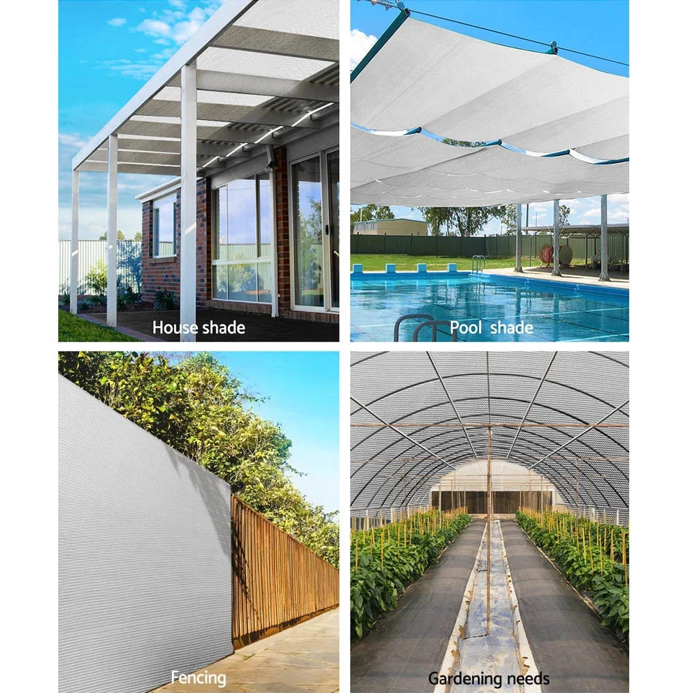 White mesh 66x30m shade sail with fabric texture and stitched trim