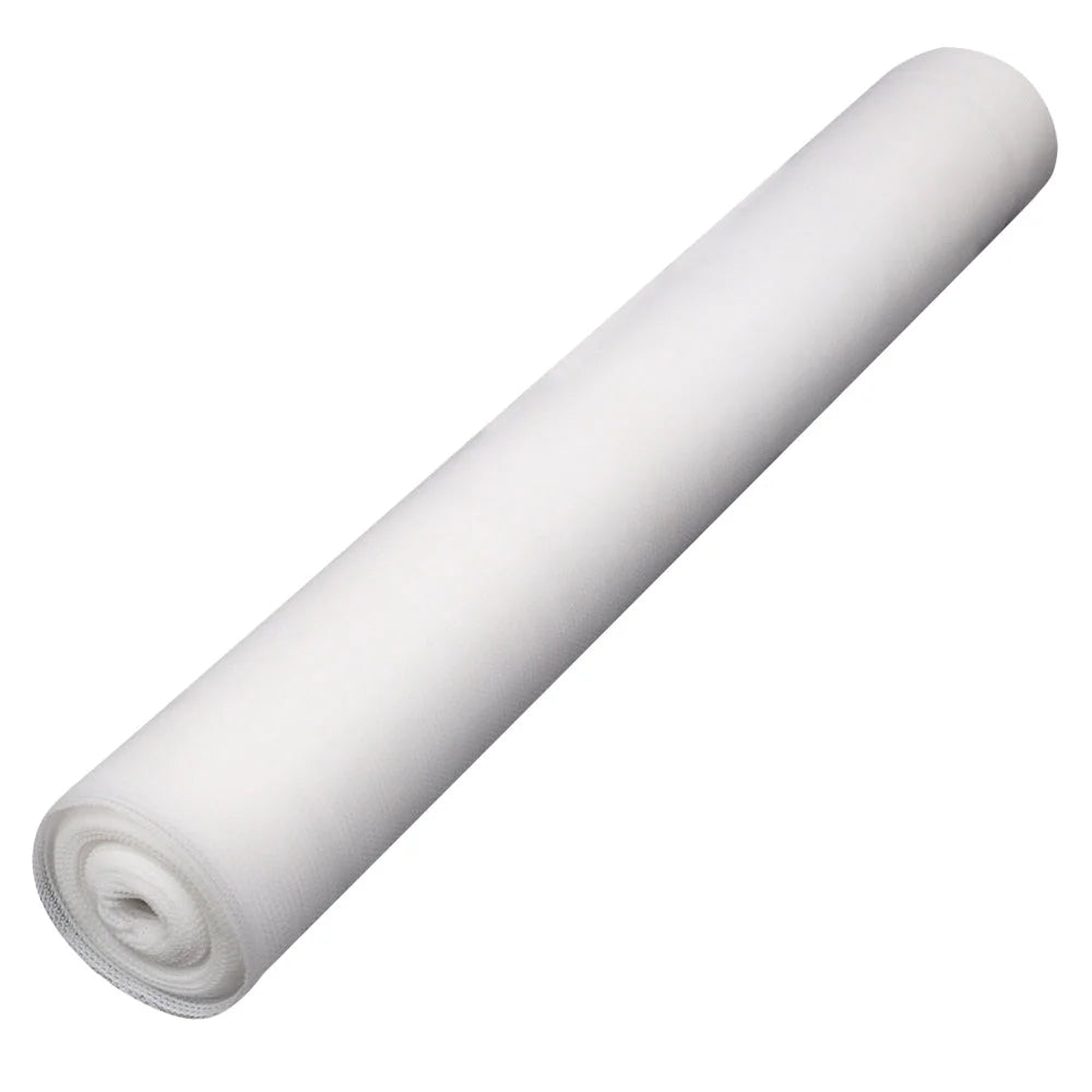 White mesh 66x30m shade sail with woven surface and bound edging