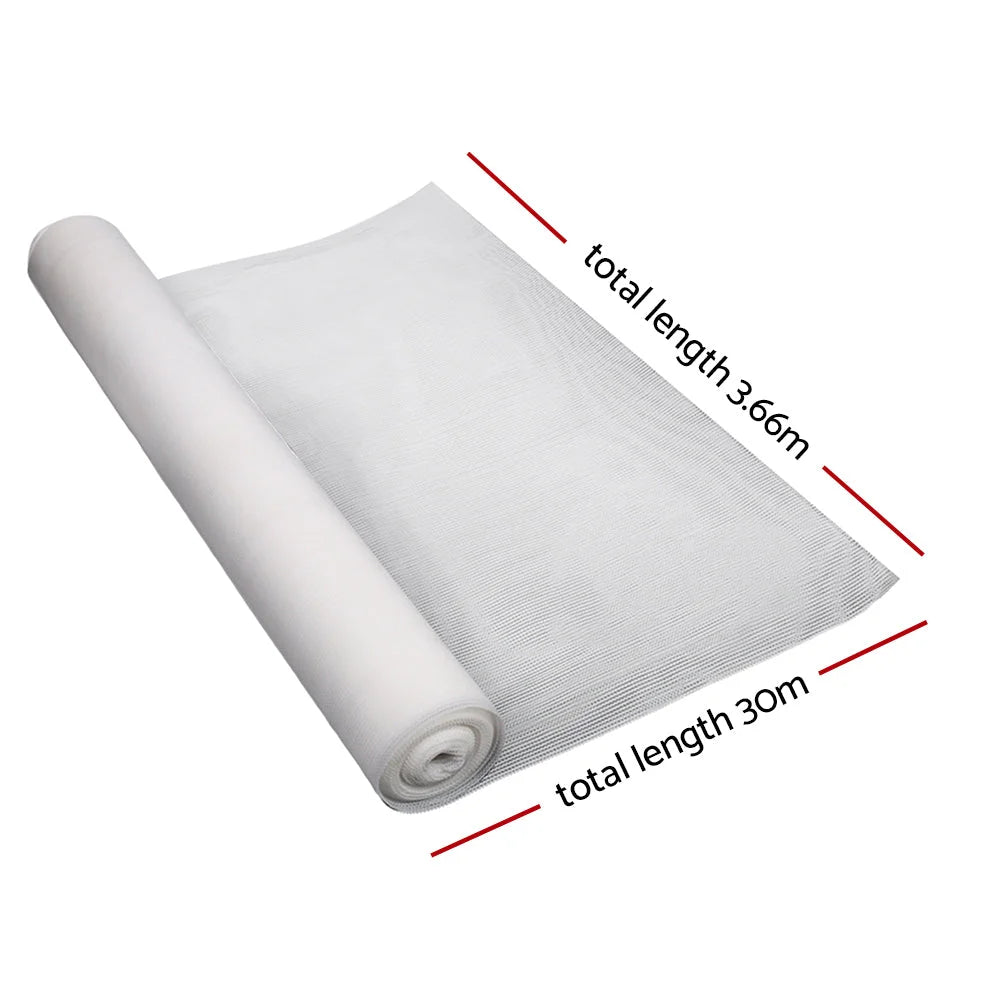 White mesh 66x30m shade sail with material weave and tidy border