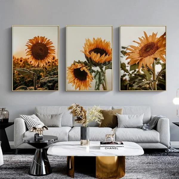 Sunflower Wall Art Canvas 80cmx120cm 3 Sets Gold Frame