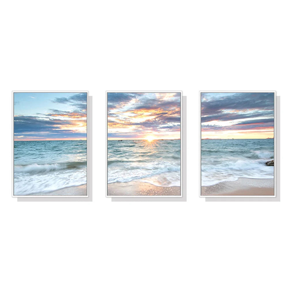 Sunrise by the Ocean Wall Art - 3 Sets White Frame Canvas