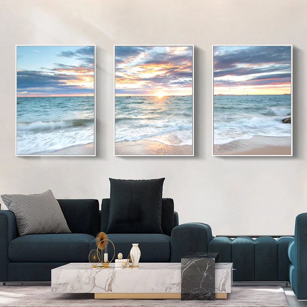 Sunrise by the Ocean Wall Art - 3 Sets White Frame Canvas