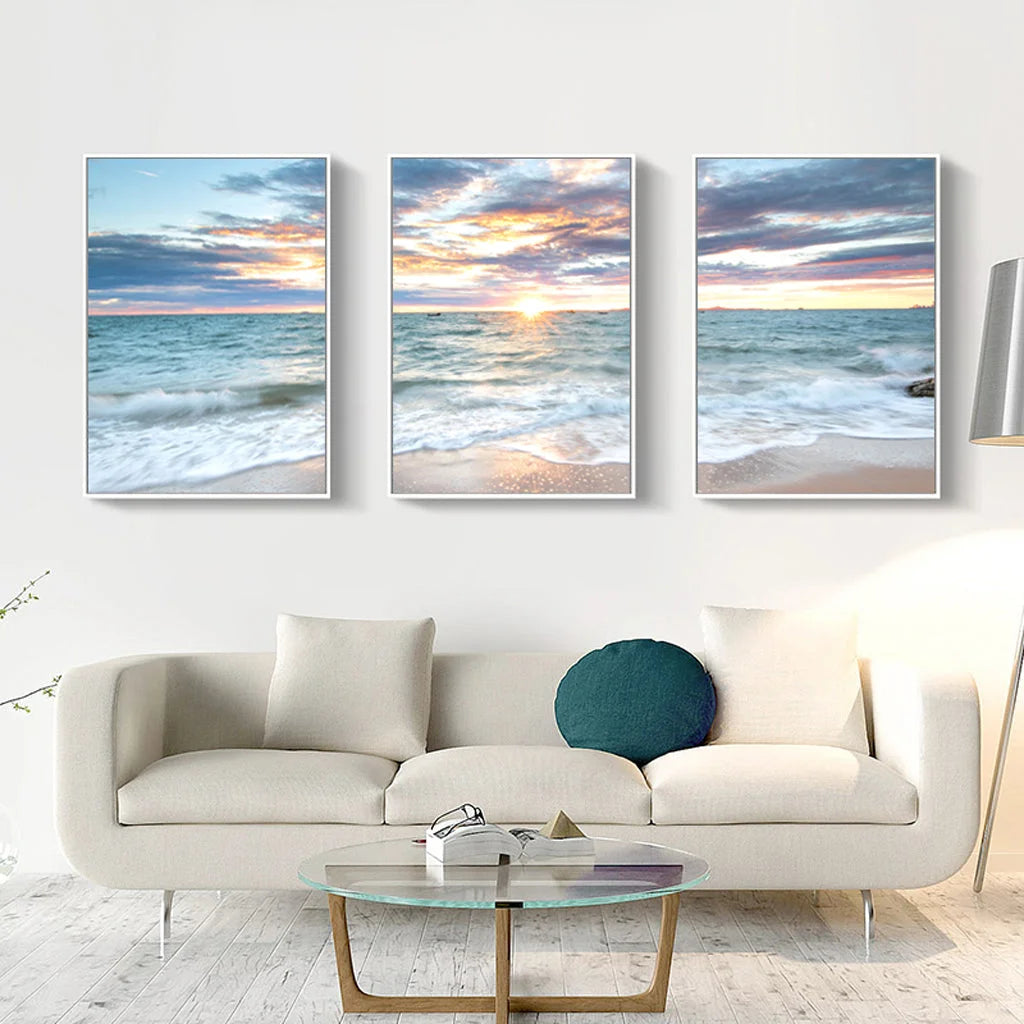 Sunrise by the Ocean Wall Art - 3 Sets White Frame Canvas