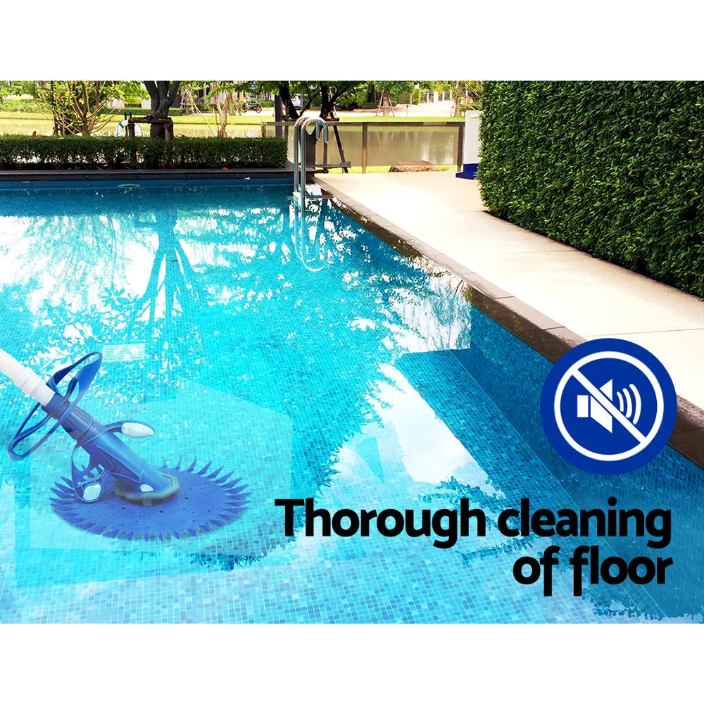 Swimming pool cleaner with matching accessories and clear item layout