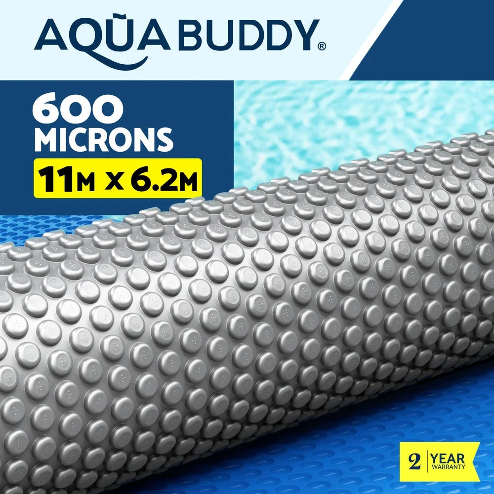 Blue 11x6 swimming pool cover with cut sheet edge and bubble pattern