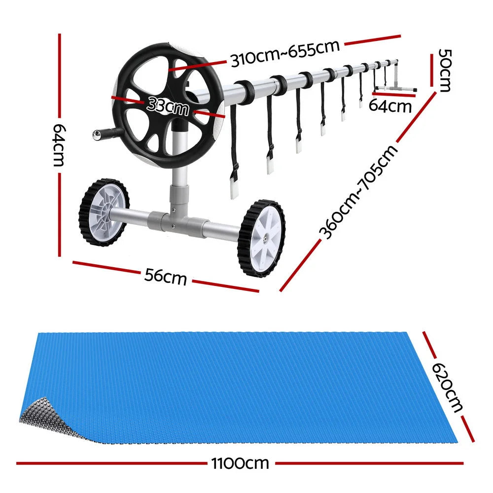 11x6 swimming pool cover with blue bubble blanket roll shape