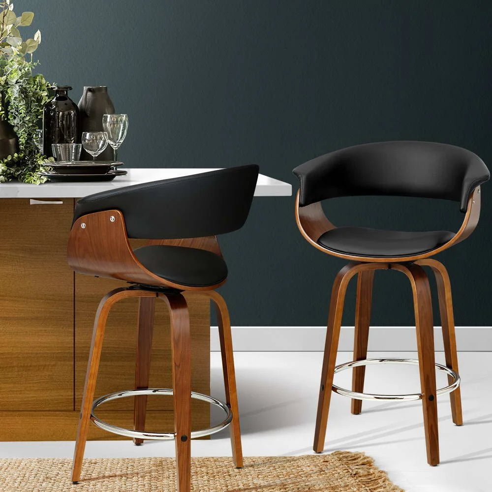Swivel PU Leather Bar Stool - Wood and Black - Bar Stools &