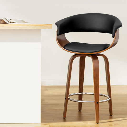 Swivel PU Leather Bar Stool - Wood and Black - Bar Stools &