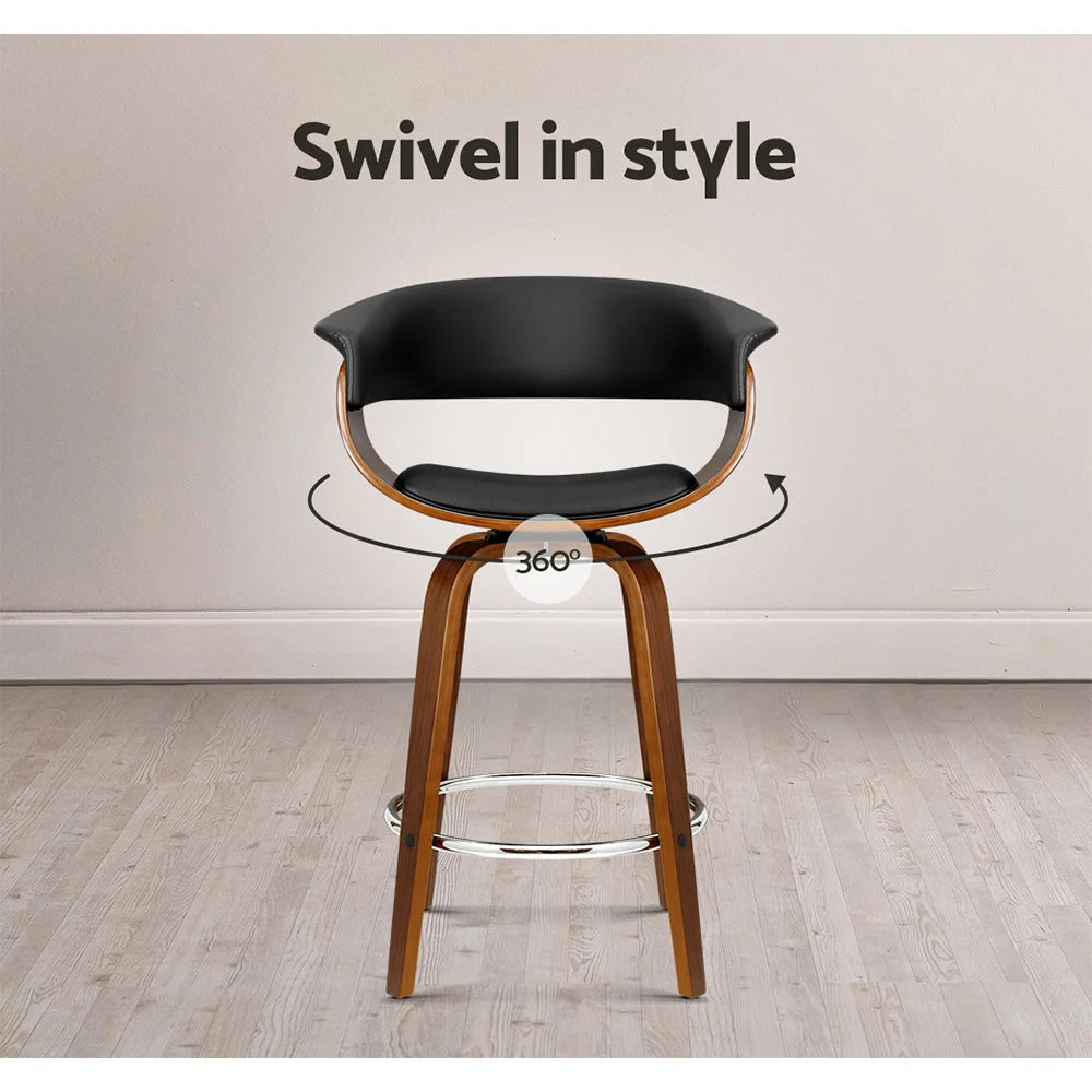 Swivel PU Leather Bar Stool - Wood and Black - Bar Stools &