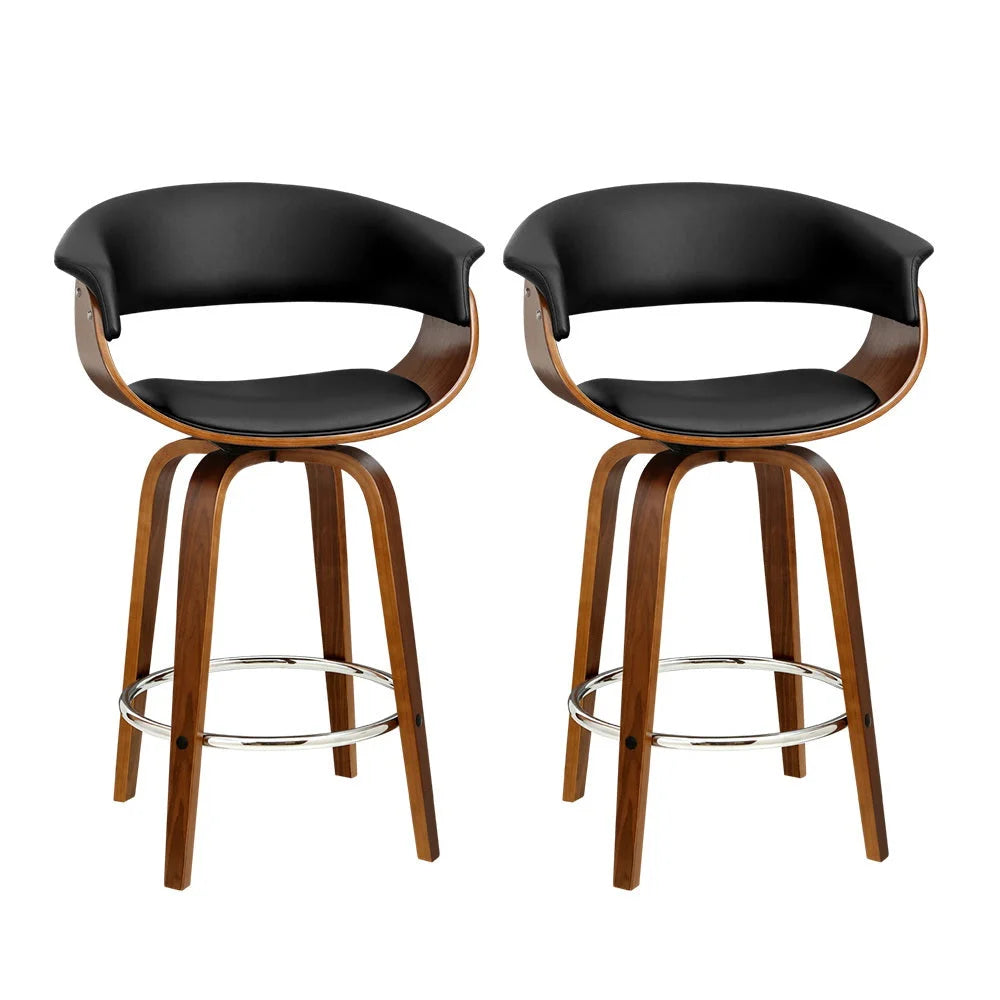 Swivel PU Leather Bar Stools Set of 2 - Wood and Black