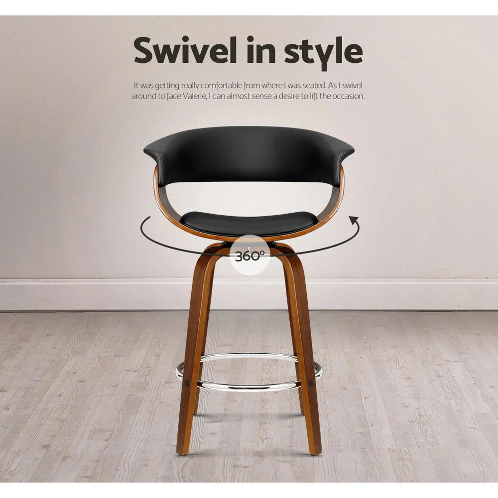 Swivel PU Leather Bar Stools Set of 2 - Wood and Black