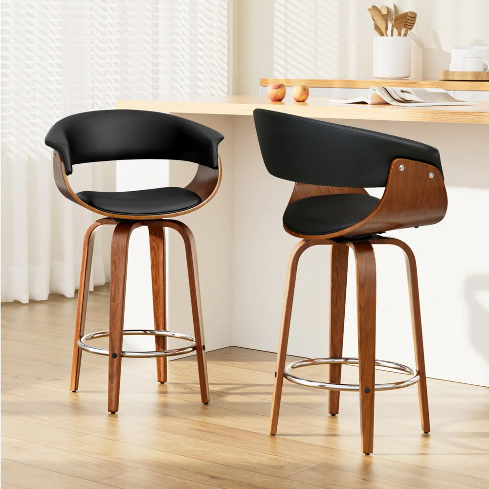 Swivel PU Leather Bar Stools Set of 2 - Wood and Black
