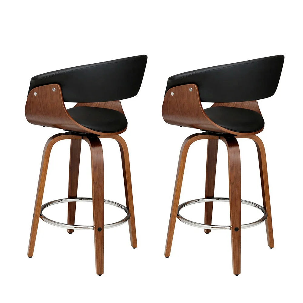 Swivel PU Leather Bar Stools Set of 2 - Wood and Black